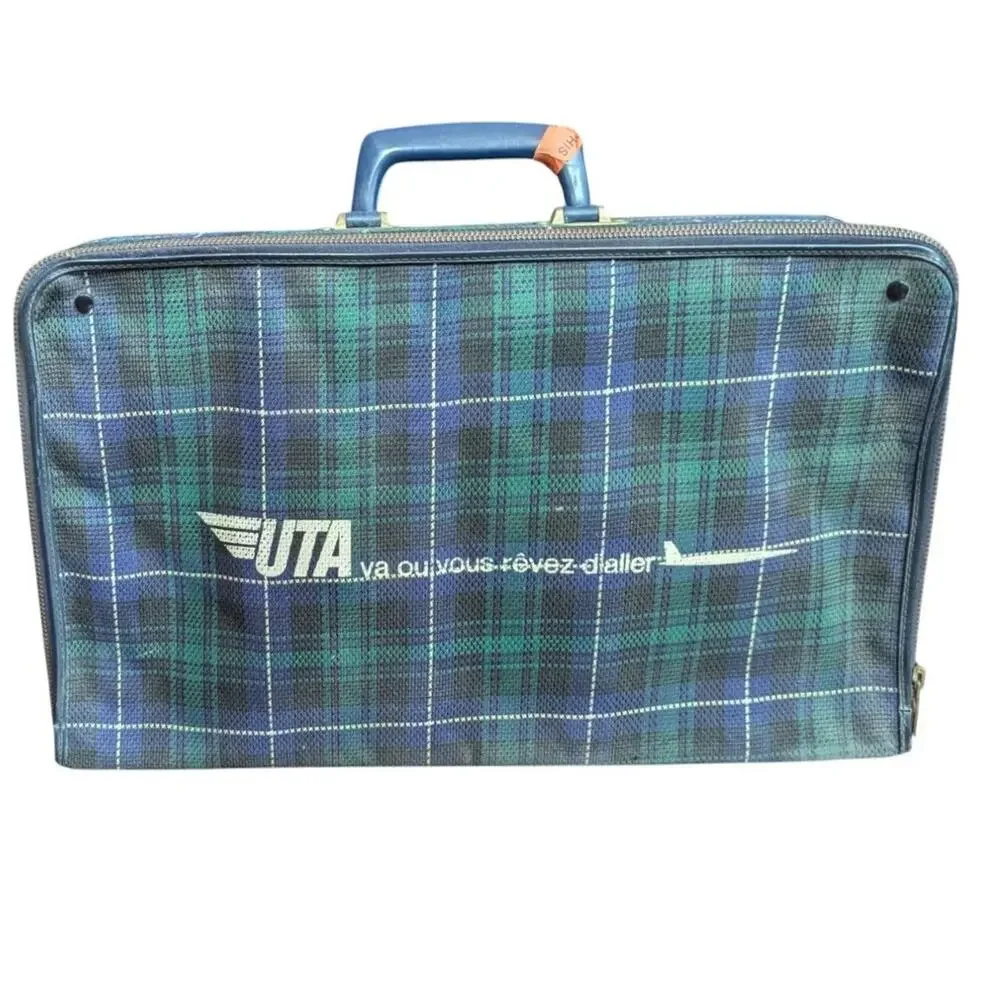 Vtg UTA French Airlines Cabin Suitcase Tartan Plaid Carry On Bag Small 1950s